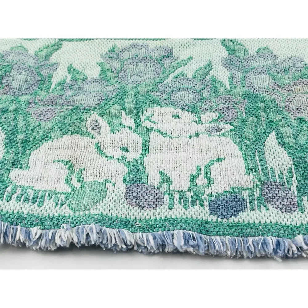 Bunnies Tulips Tapestry Folk Art Table Runner Easter Woven Spring Purple Green P